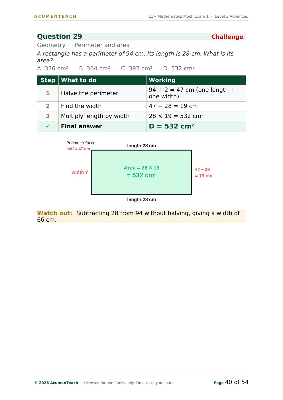 Worked solution page with step table and rectangle diagram